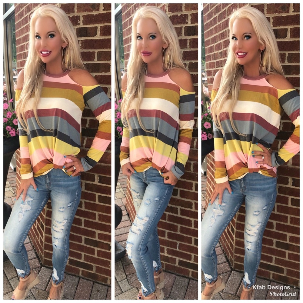 LAST 1! Super Soft Cold Shoulder Striped Top! - Picture 2 of 7